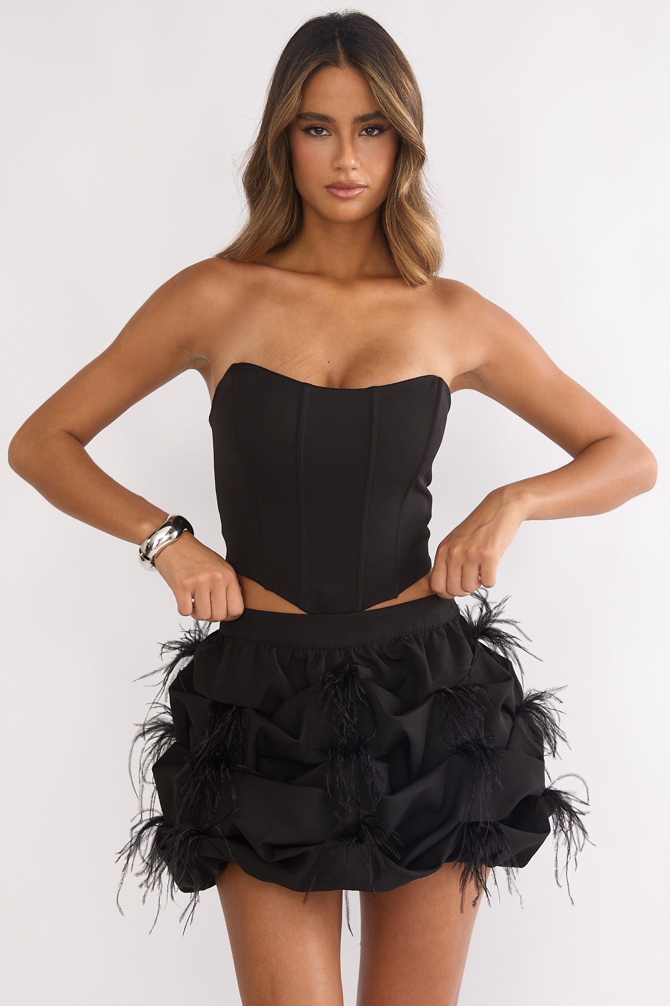 Alyra Feather Puff Mini Skirt Black by Selfie Leslie