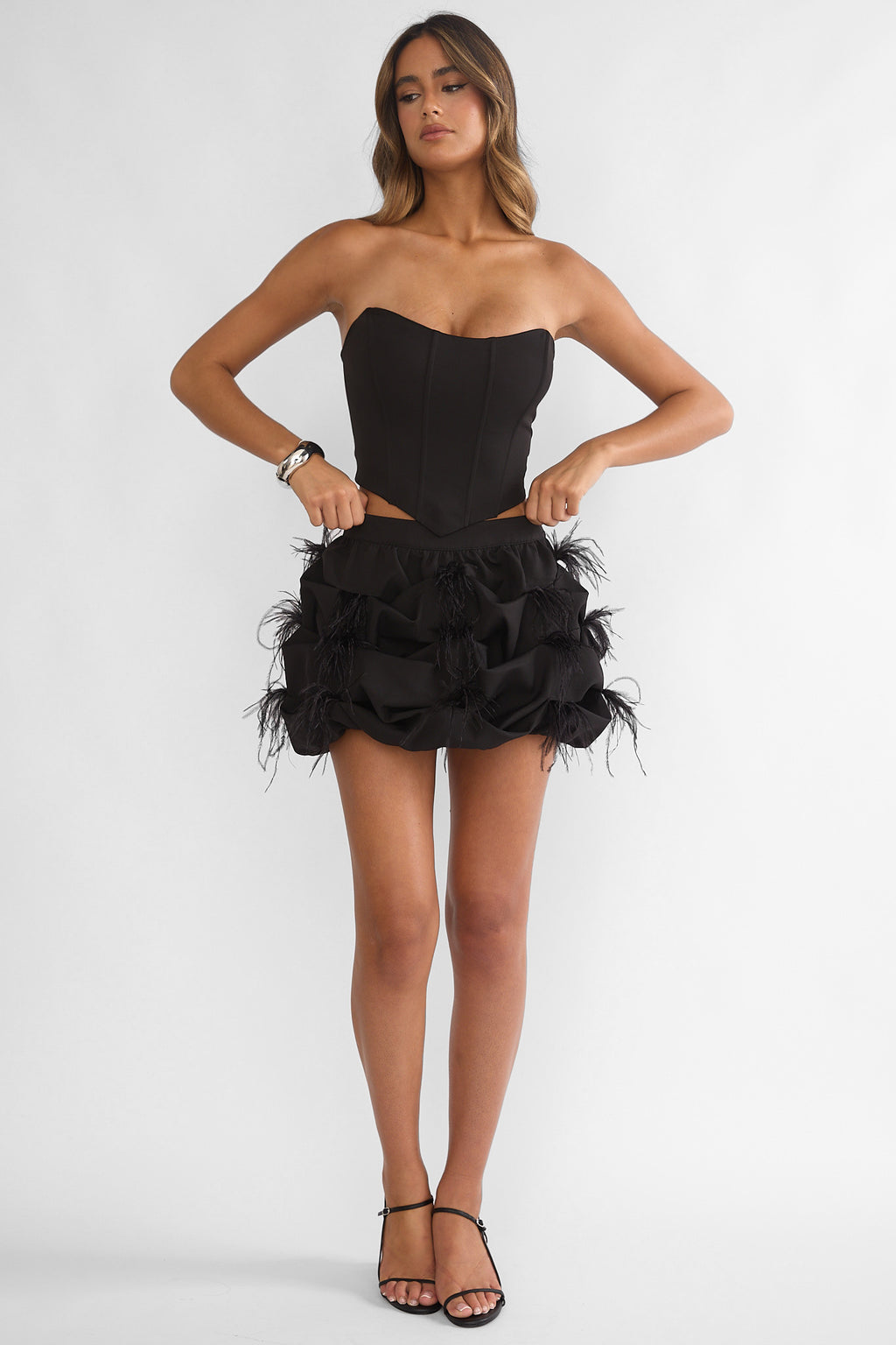 Alyra Feather Puff Mini Skirt Black by Selfie Leslie