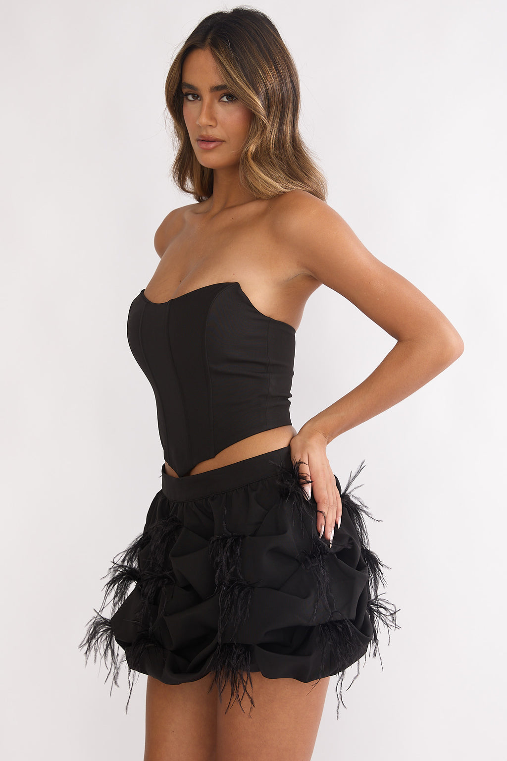 Alyra Feather Puff Mini Skirt Black by Selfie Leslie
