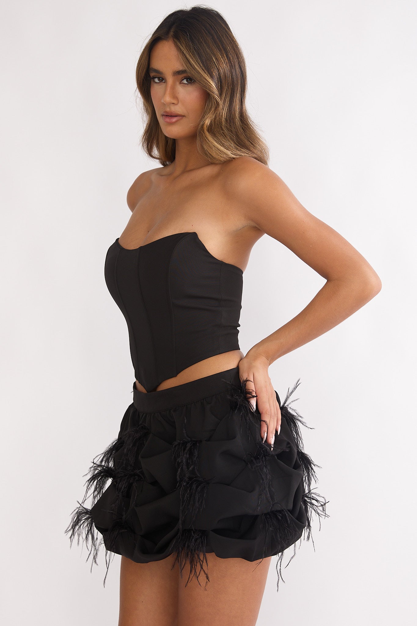 Alyra Feather Puff Mini Skirt Black by Selfie Leslie