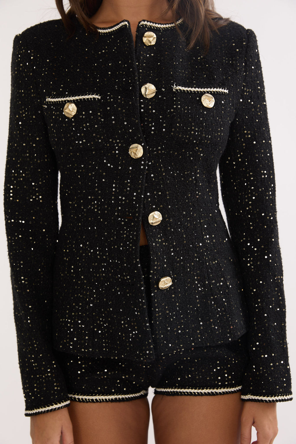 Kyomi Gold Button Tweed Jacket Black Gold by Selfie Leslie