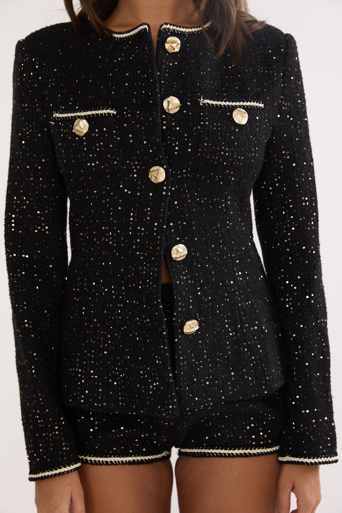 Kyomi Gold Button Tweed Jacket Black Gold by Selfie Leslie