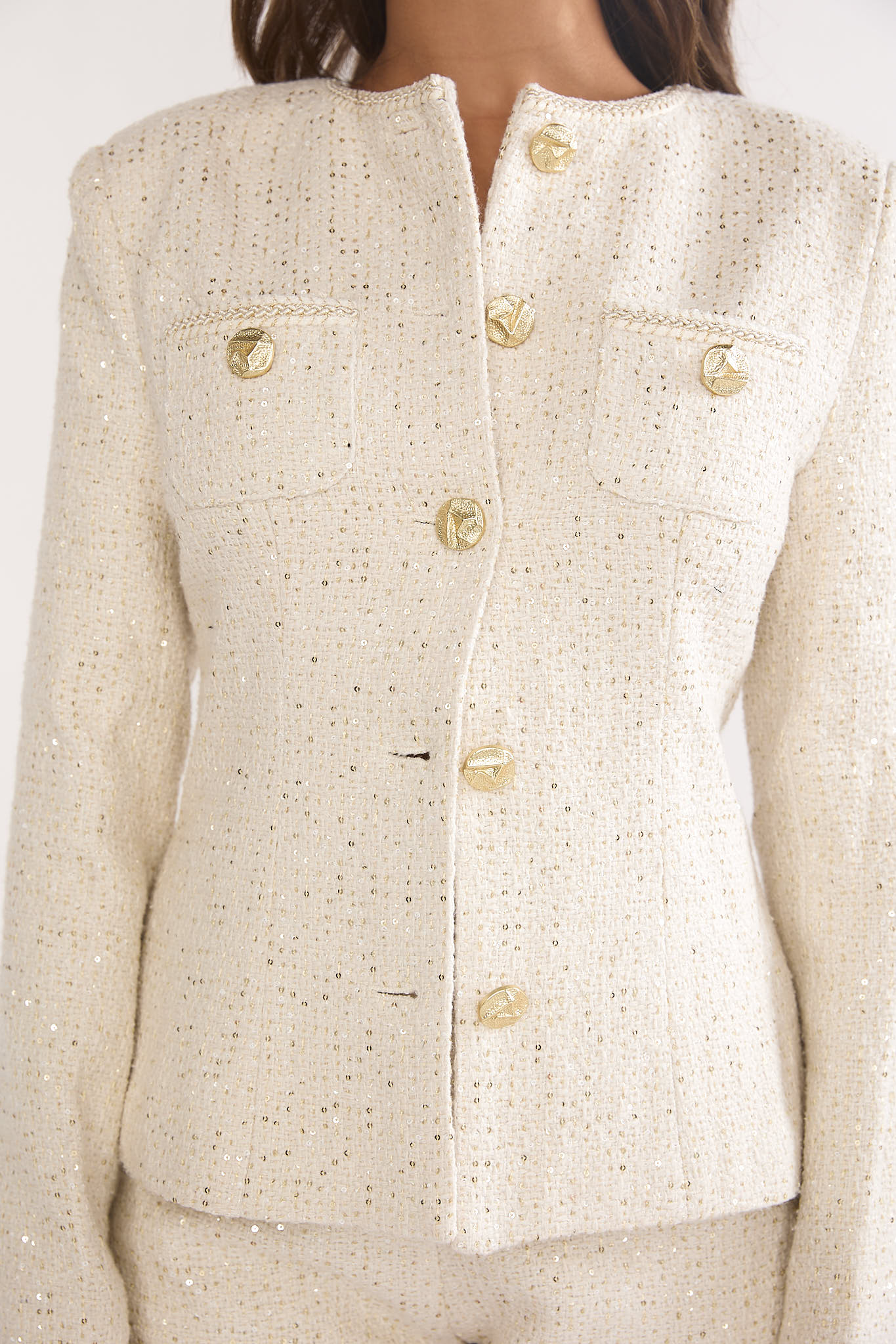 Kyomi Gold Button Tweed Jacket White Gold– Selfie Leslie Kyomi Gold Button Tweed Jacket White Gold– Selfie Leslie