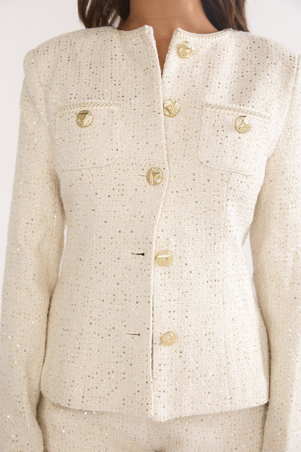 Kyomi Gold Button Tweed Jacket White Gold by Selfie Leslie