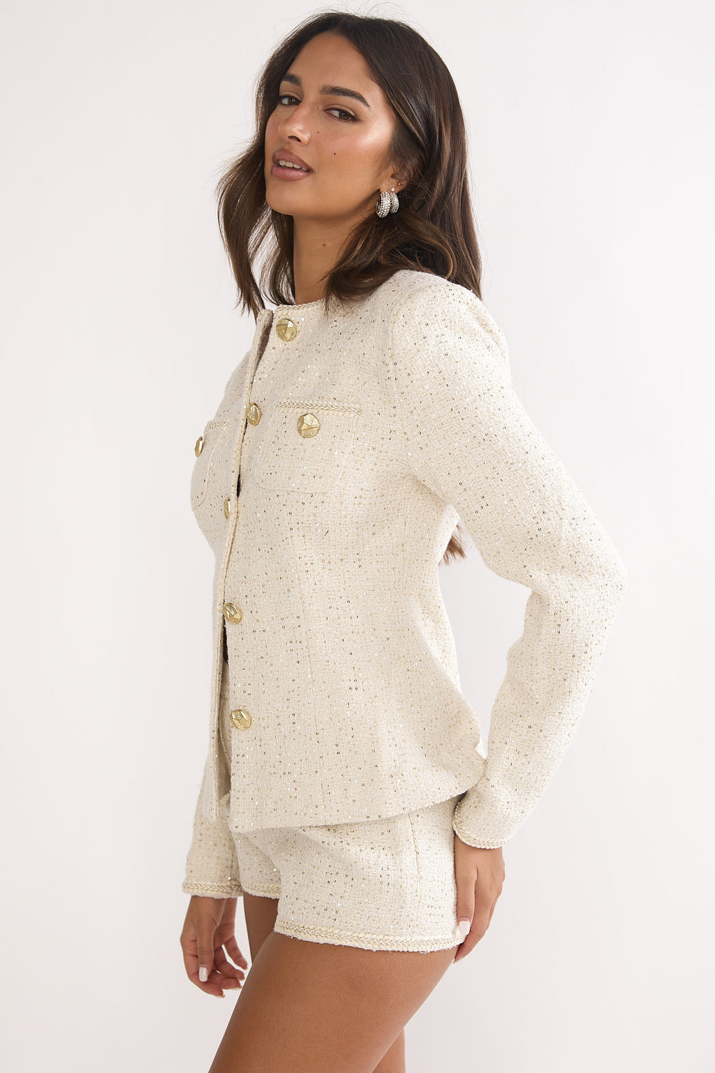 Kyomi Gold Button Tweed Jacket White Gold by Selfie Leslie