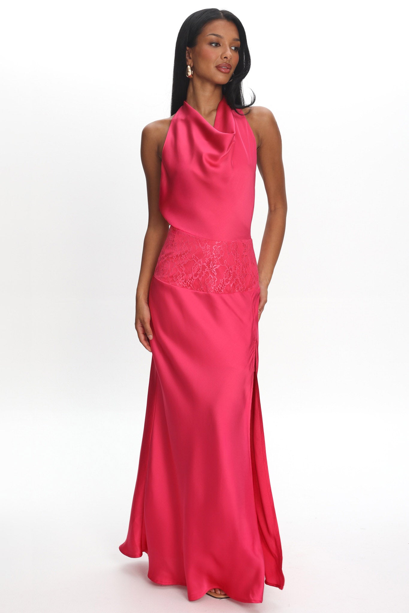 pink lace halter dress Renara Waist Maxi Ogee Stones Maxi dress The flowy skirt falls promdance-c Size:17 1/2