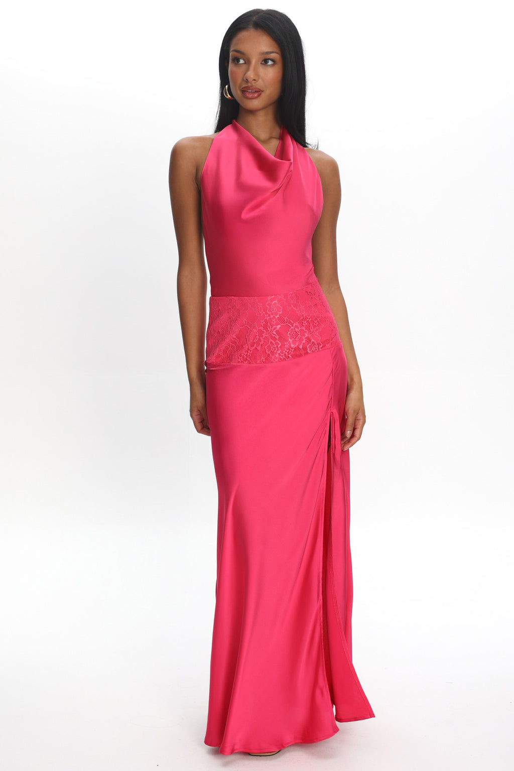 dusty pink lace panel tiered bodycon dress Renara Lace Waist Halter Maxi Dress Pink