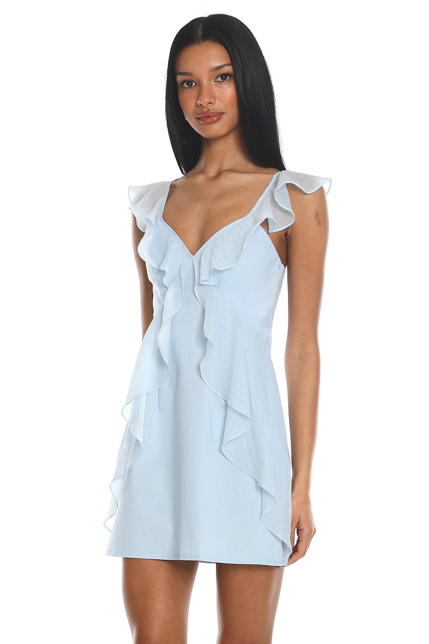 Murphy Ruffle Front Mini Dress Baby Blue