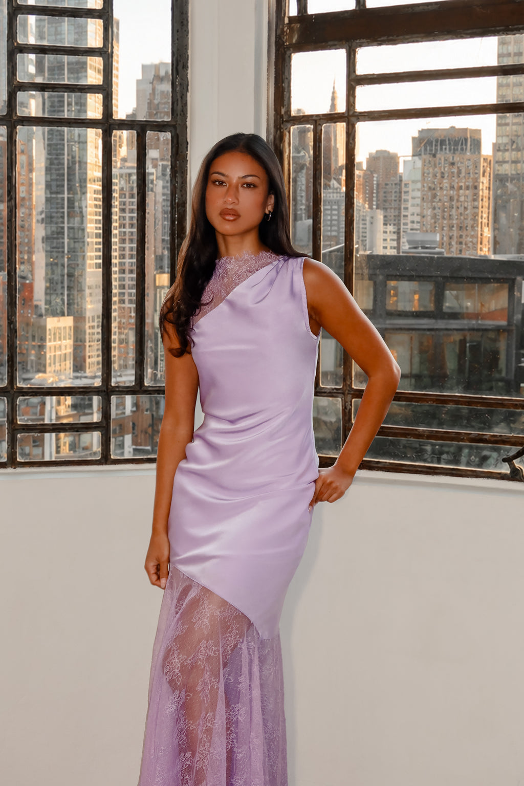 Amethyst Lace-Trim Asymmetric Maxi Dress Lilac