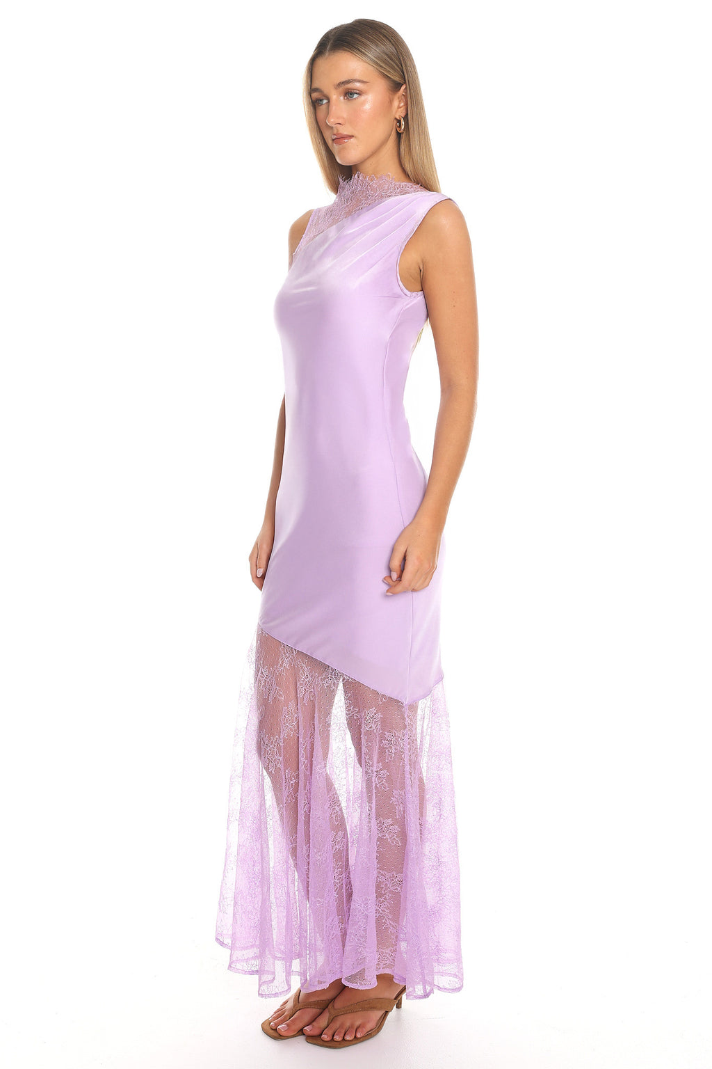 Amethyst Lace-Trim Asymmetric Maxi Dress Lilac