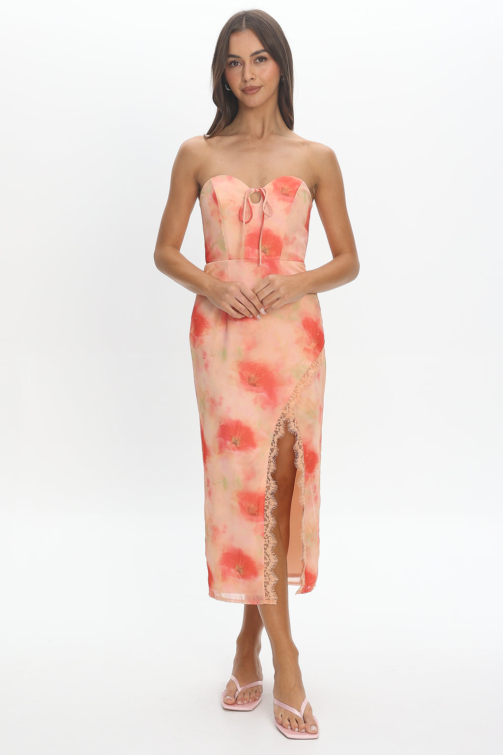Sunny Ave Sweetheart Neckline Midi Dress Floral Red