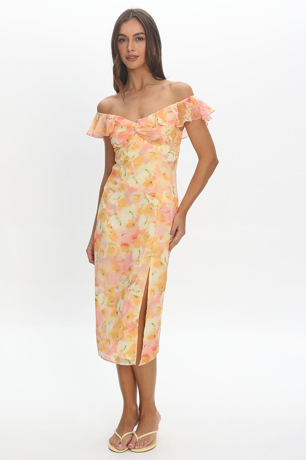 off the shoulder ruffle dress midi Gala Ready Lavender Off-the-Shoulder Ruffle Midi Dress