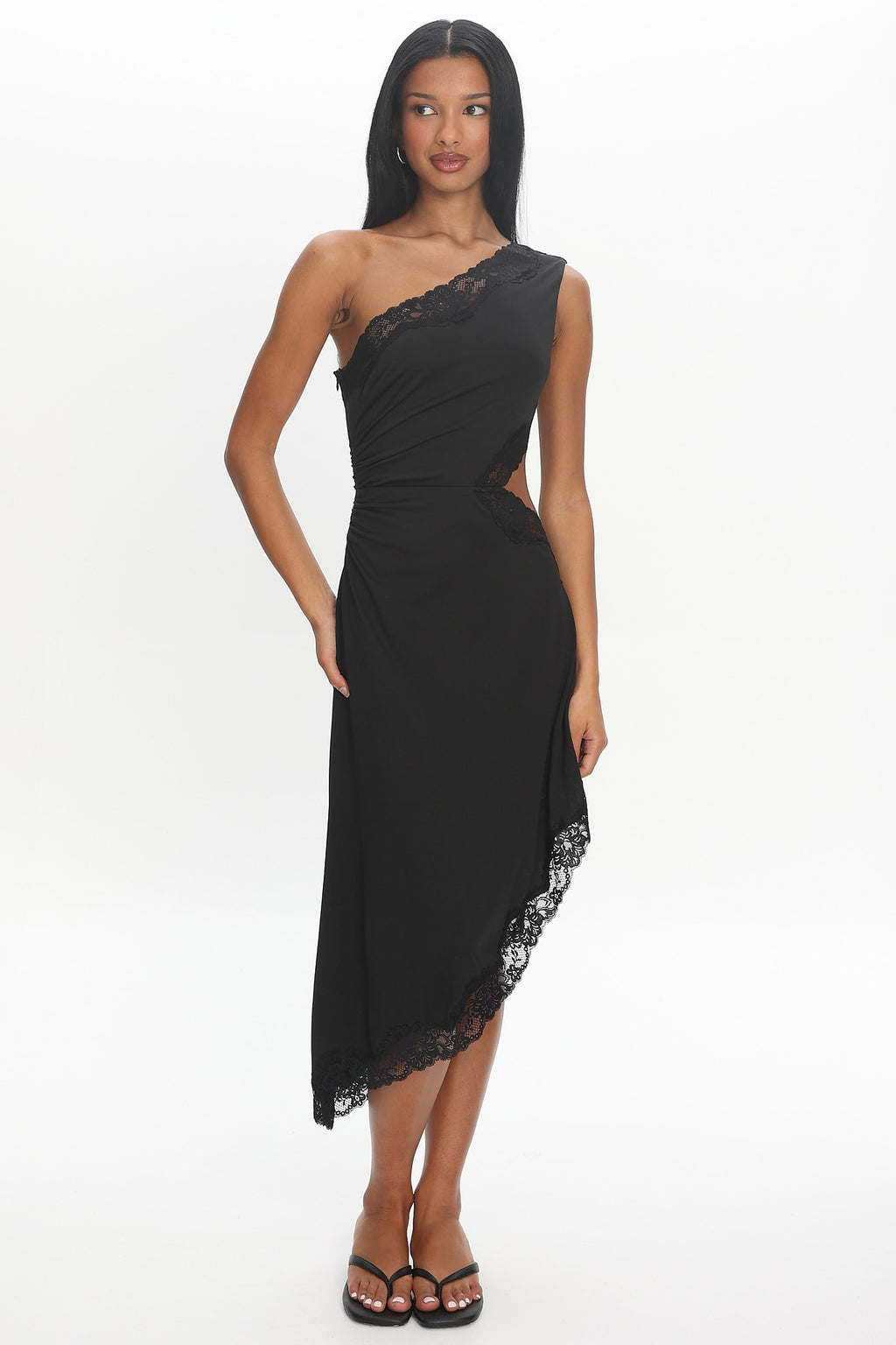Ozar Lace-Trim Asymmetric Midi Dress Black