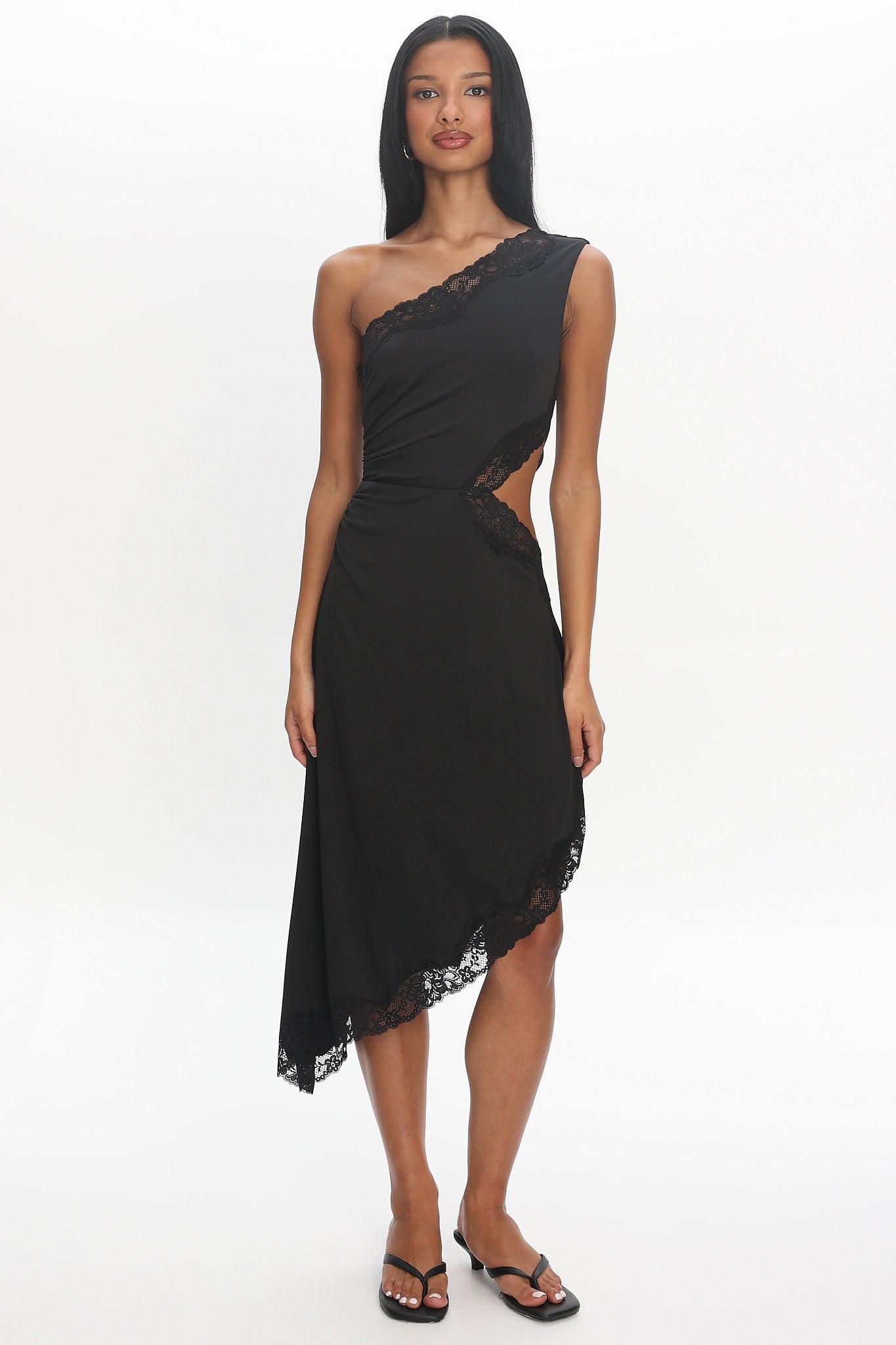 Ozar Lace-Trim Asymmetric Midi Dress Black