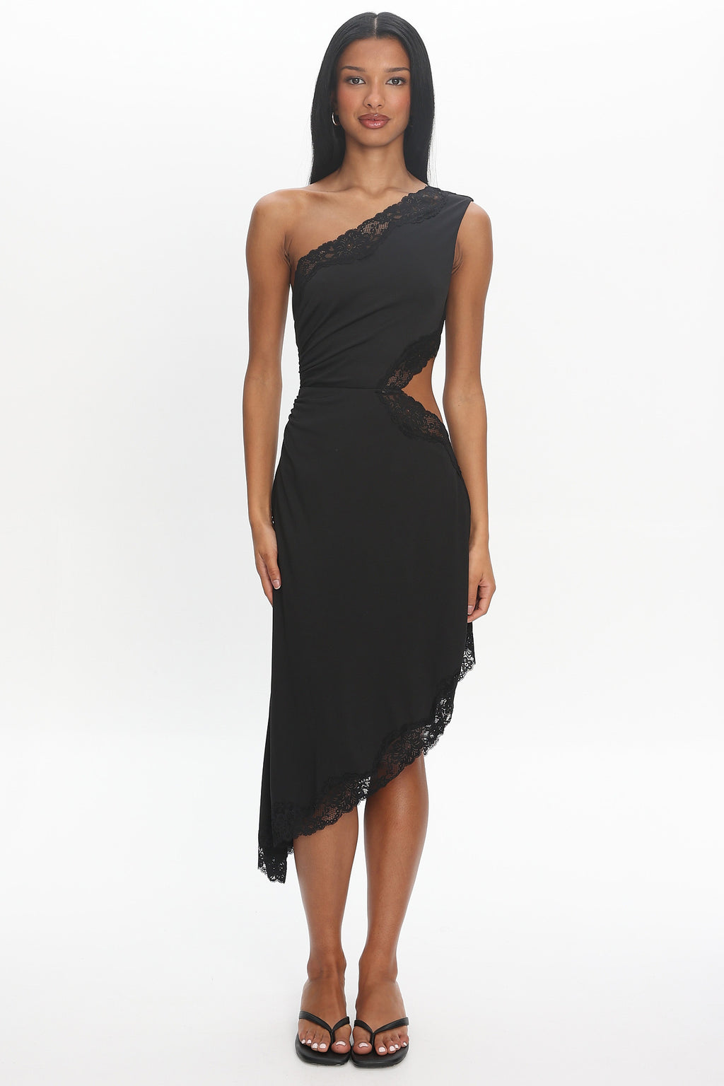 Ozar Lace-Trim Asymmetric Midi Dress Black