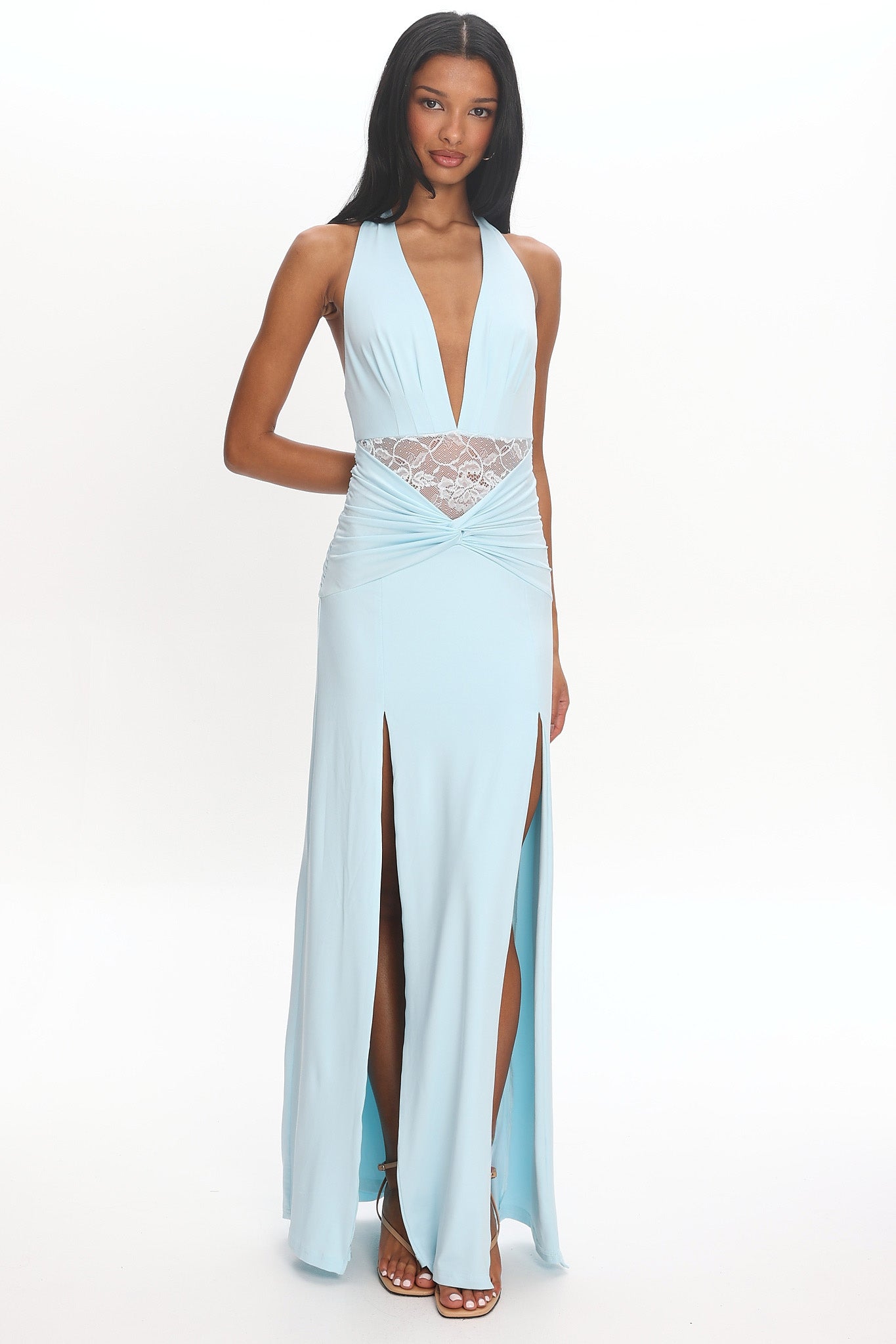 Swan Song Ruched Slit Maxi Dress Blue