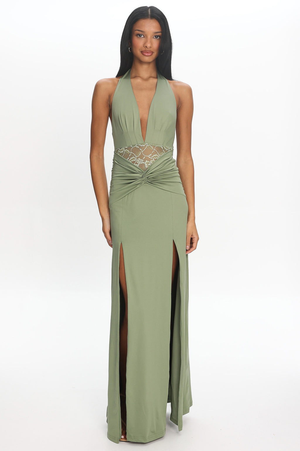 Swan Song Ruched Slit Maxi Dress Sage