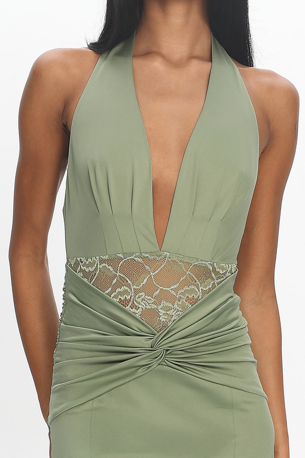 Swan Song Ruched Slit Maxi Dress Sage