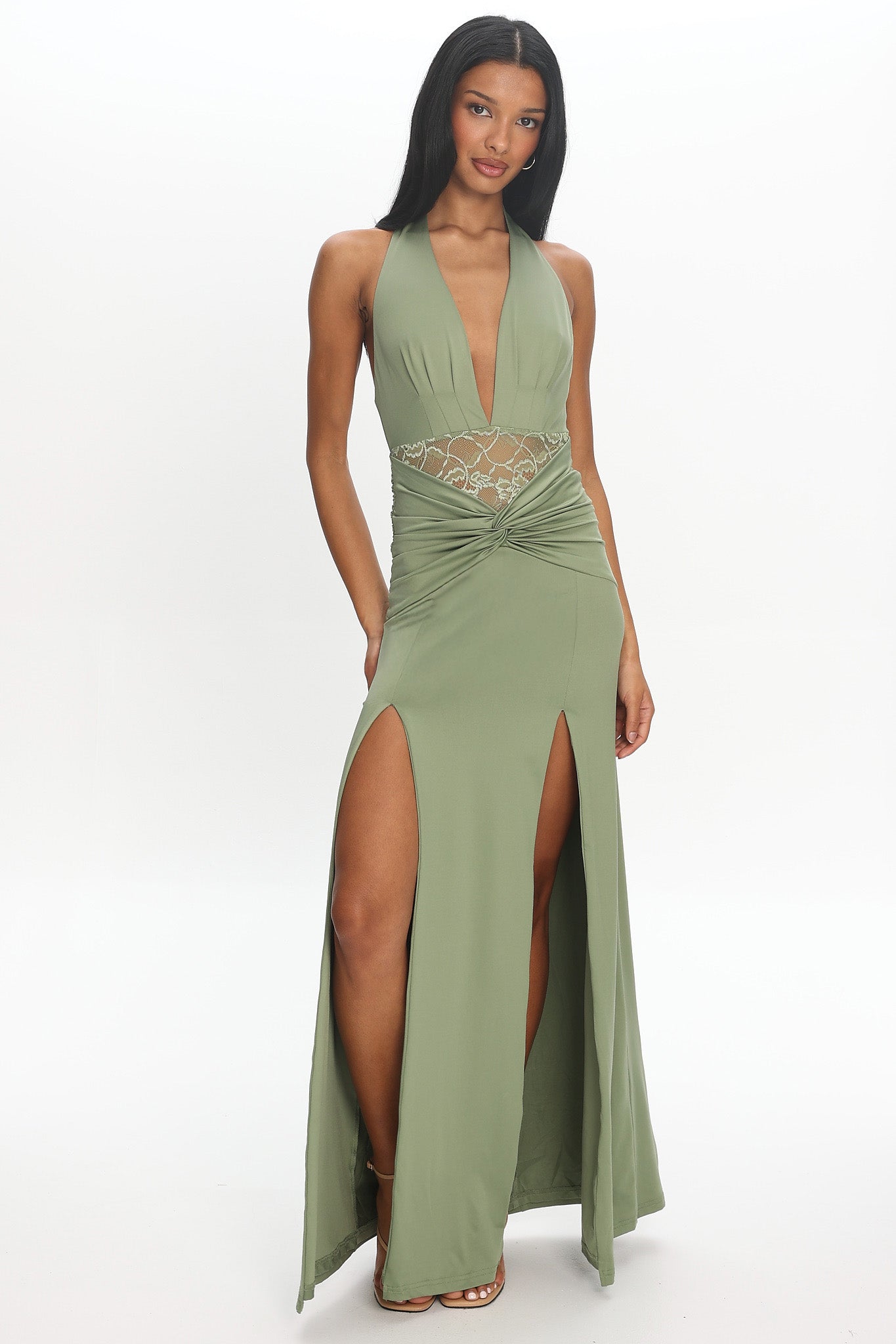 Swan Song Ruched Slit Maxi Dress Sage