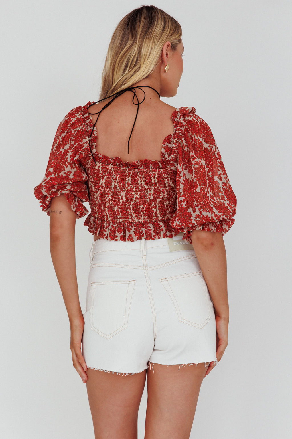 Meet Cute Shirred Bust Off-Shoulder Crop Top Floral Beige by Selfie Leslie