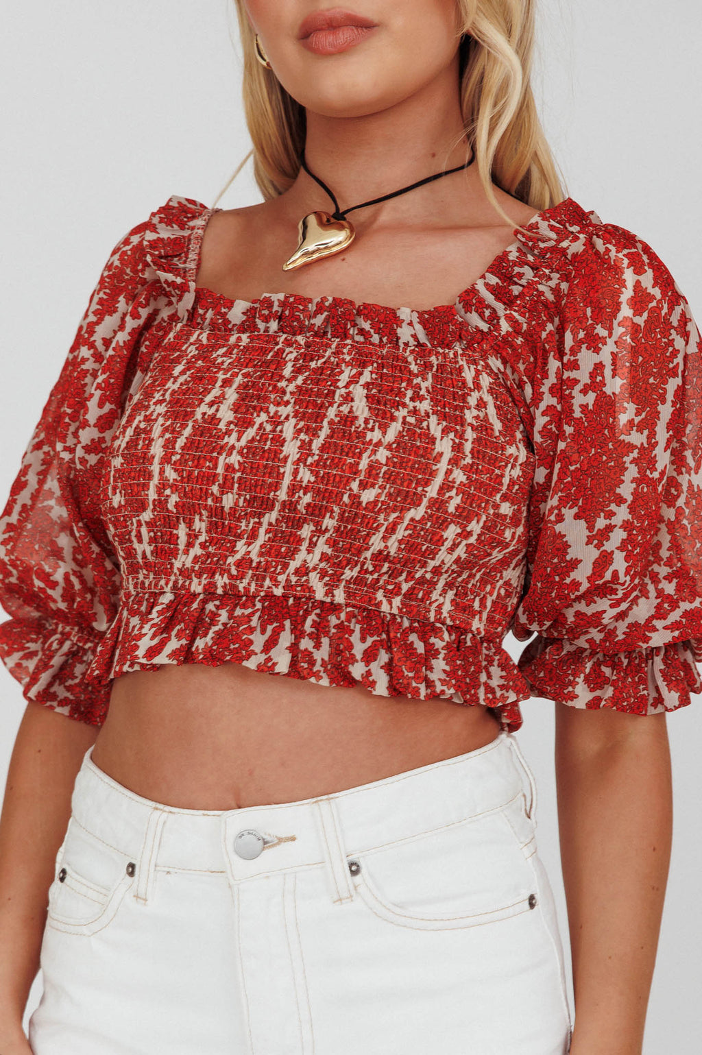 Meet Cute Shirred Bust Off-Shoulder Crop Top Floral Beige by Selfie Leslie