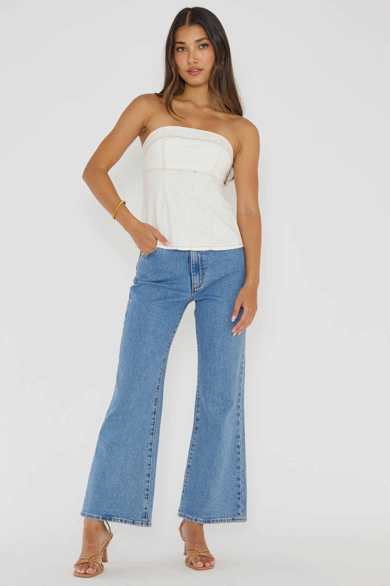 Cathlin Contrast Stitching Strapless Top White by Selfie Leslie