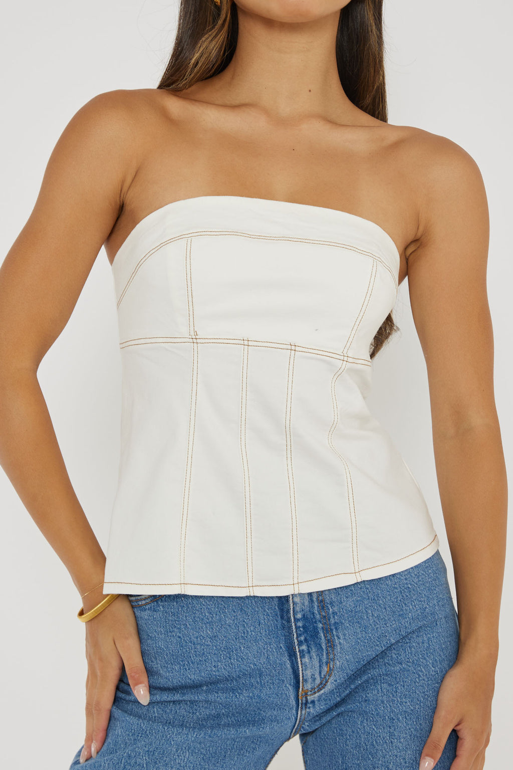 Cathlin Contrast Stitching Strapless Top White by Selfie Leslie