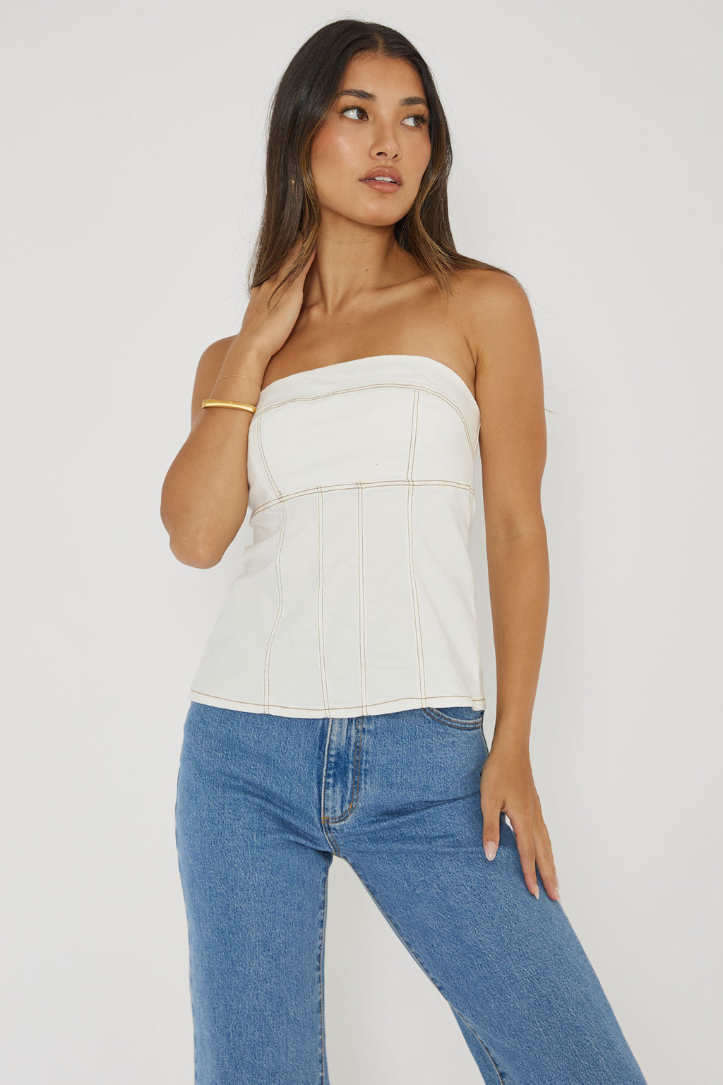 Cathlin Contrast Stitching Strapless Top White by Selfie Leslie