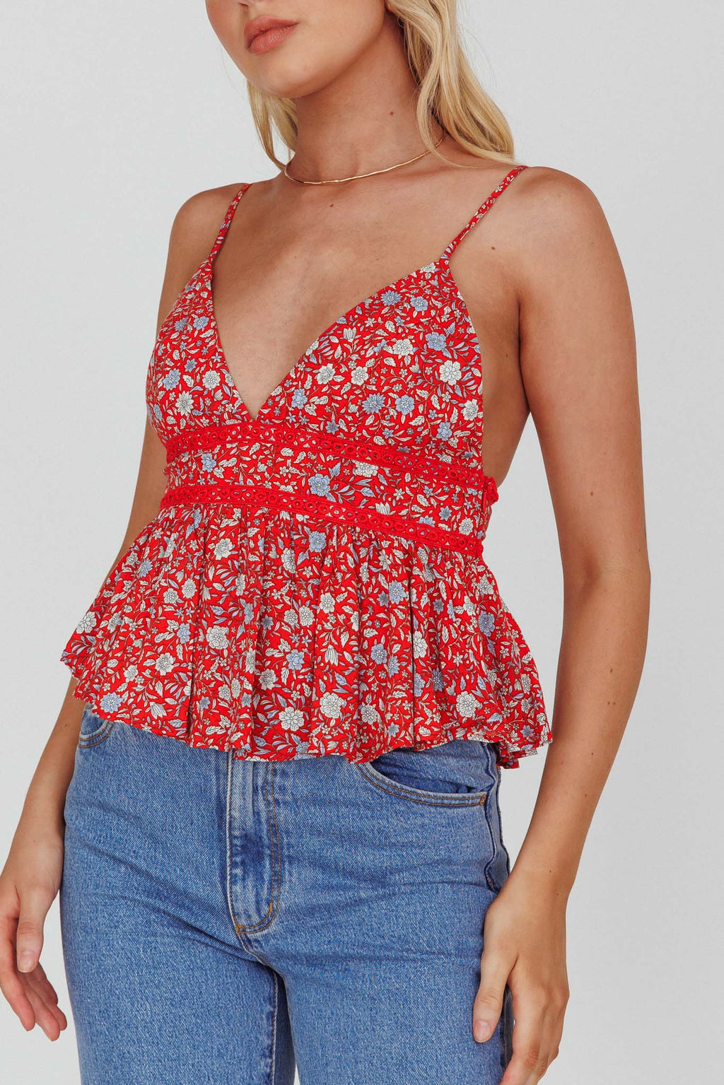 Marigold Crochet Trim Top Floral Red by Selfie Leslie