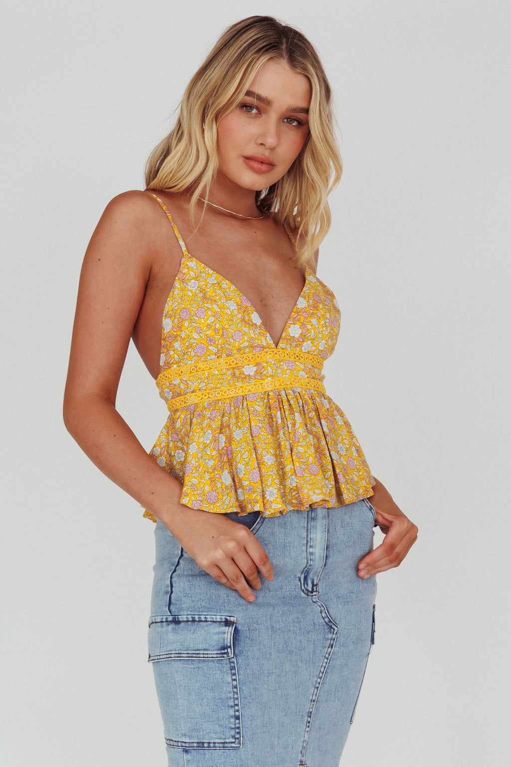 Marigold Crochet Trim Top Floral Yellow by Selfie Leslie