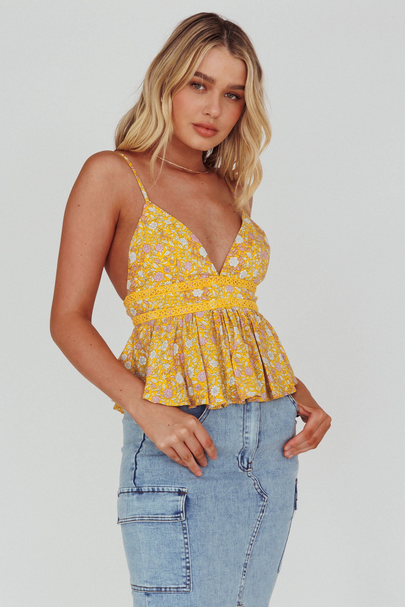 Marigold Crochet Trim Top Floral Yellow by Selfie Leslie