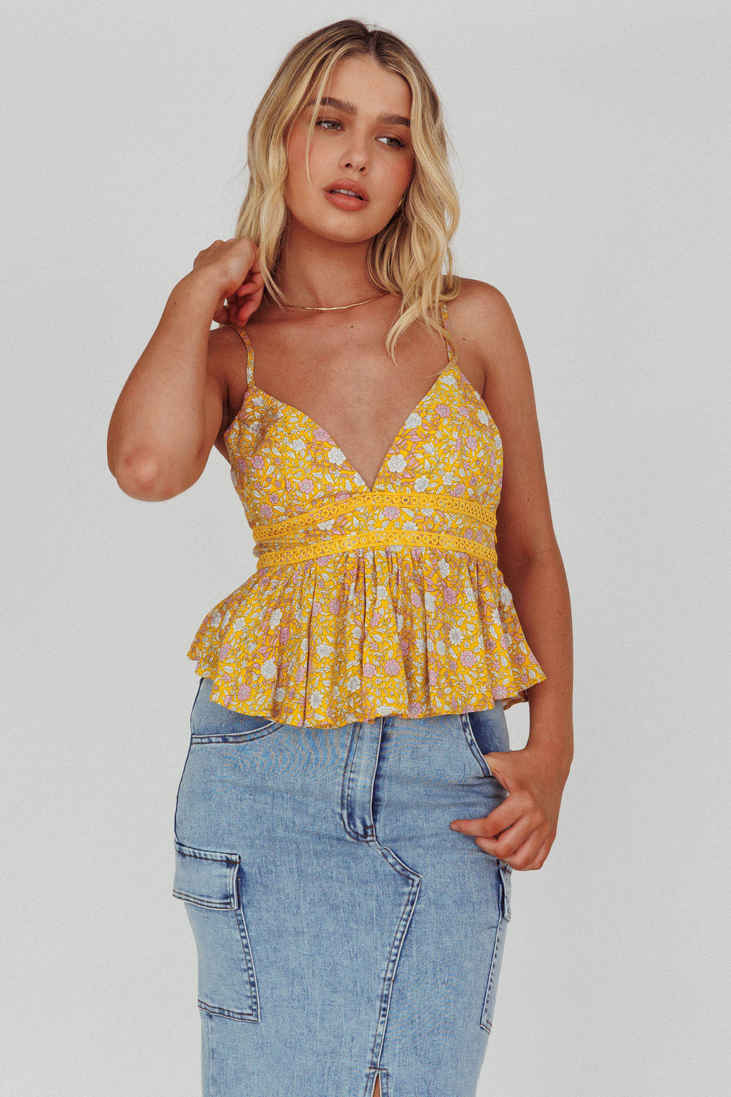 Marigold Crochet Trim Top Floral Yellow by Selfie Leslie