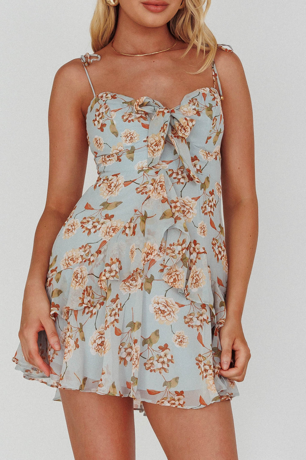 Flower Child Bust Tie Ruffle Trim Dress Roses Blue by Selfie Leslie