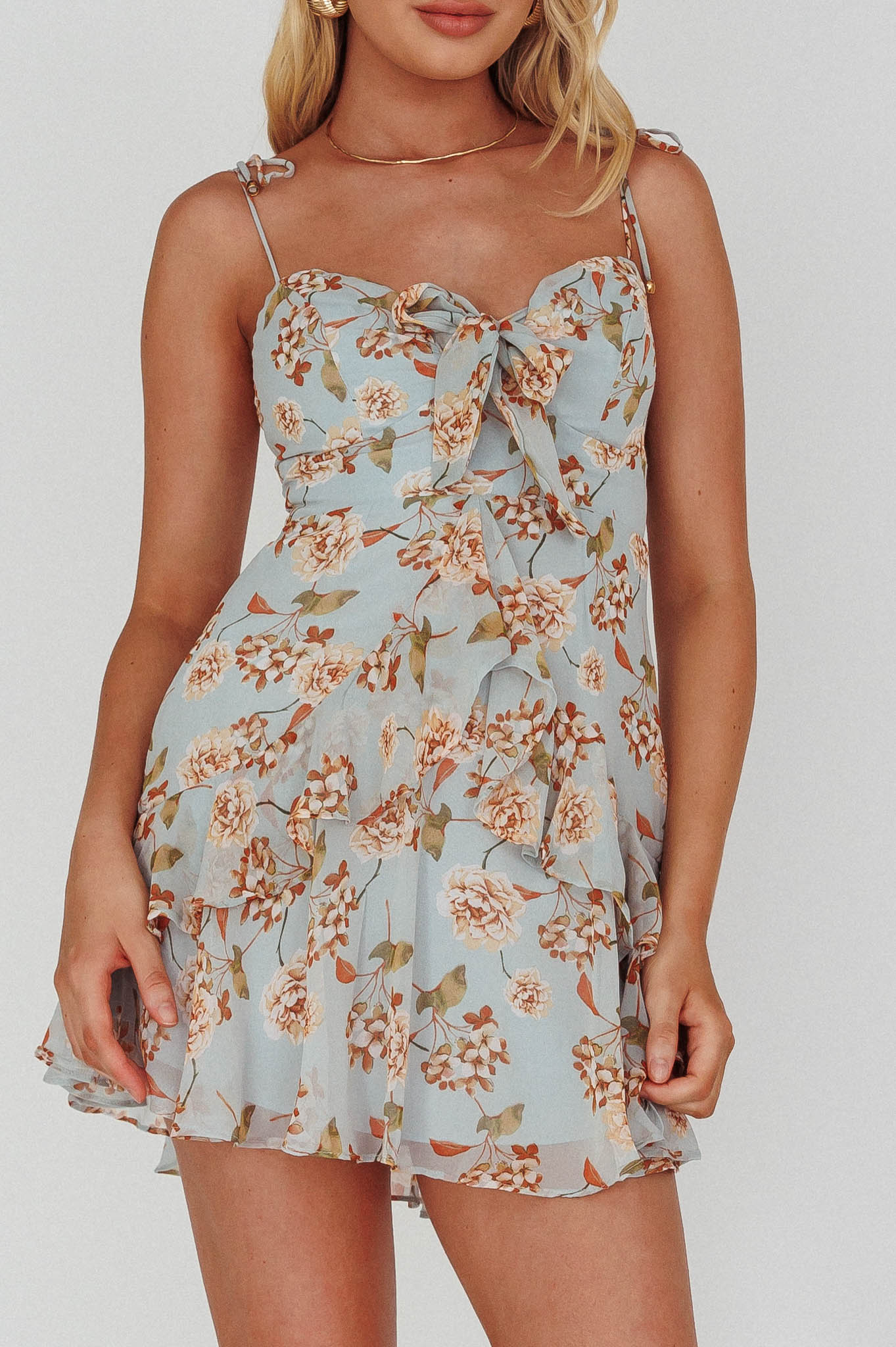 Flower Child Bust Tie Ruffle Trim Dress Roses Blue by Selfie Leslie