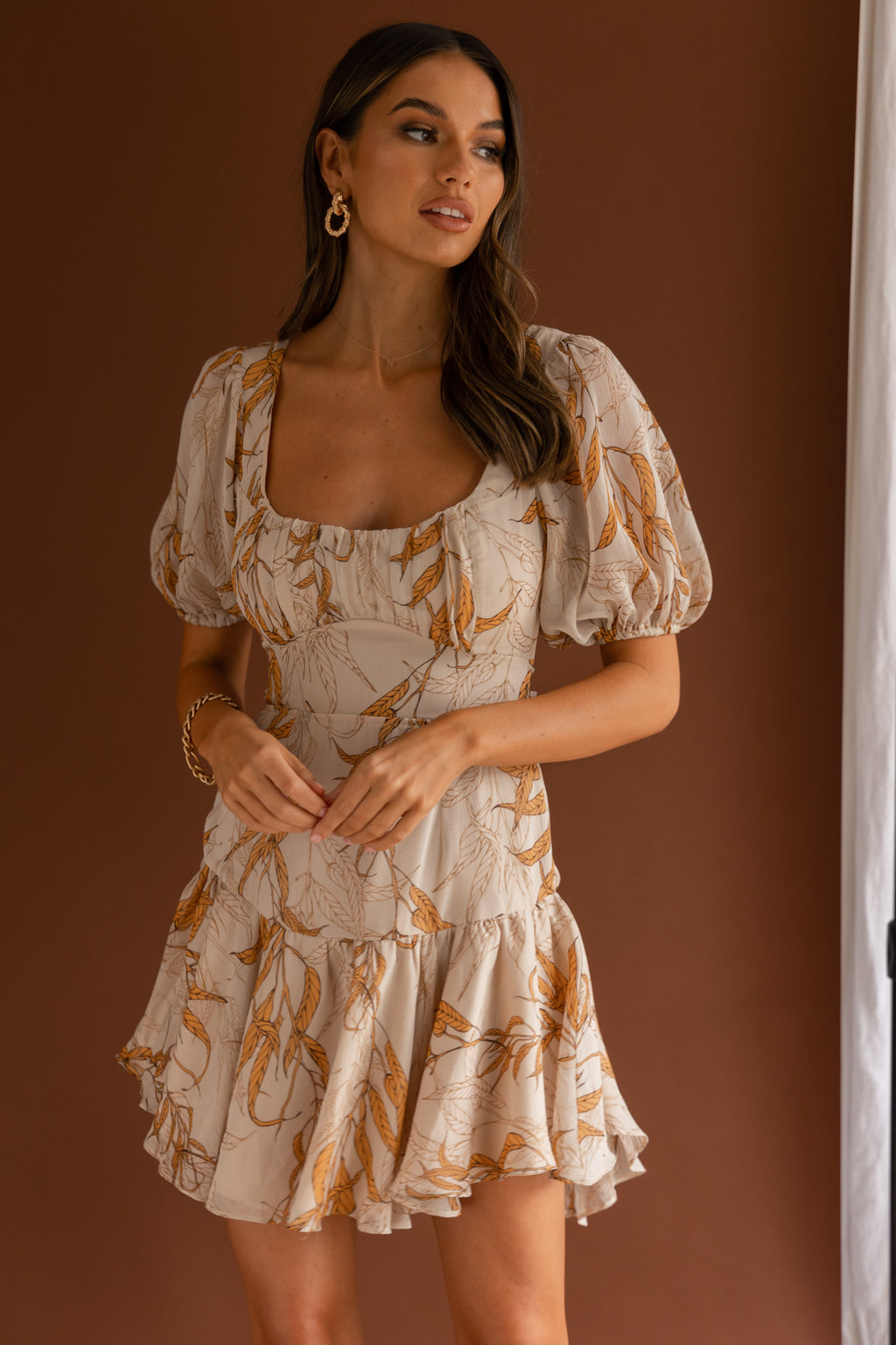 Petite Cherie Puff Sleeve Lace-Up Back Dress Leaf Print Beige by Selfie Leslie