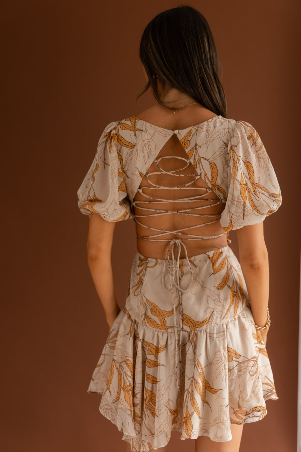 Petite Cherie Puff Sleeve Lace-Up Back Dress Leaf Print Beige by Selfie Leslie