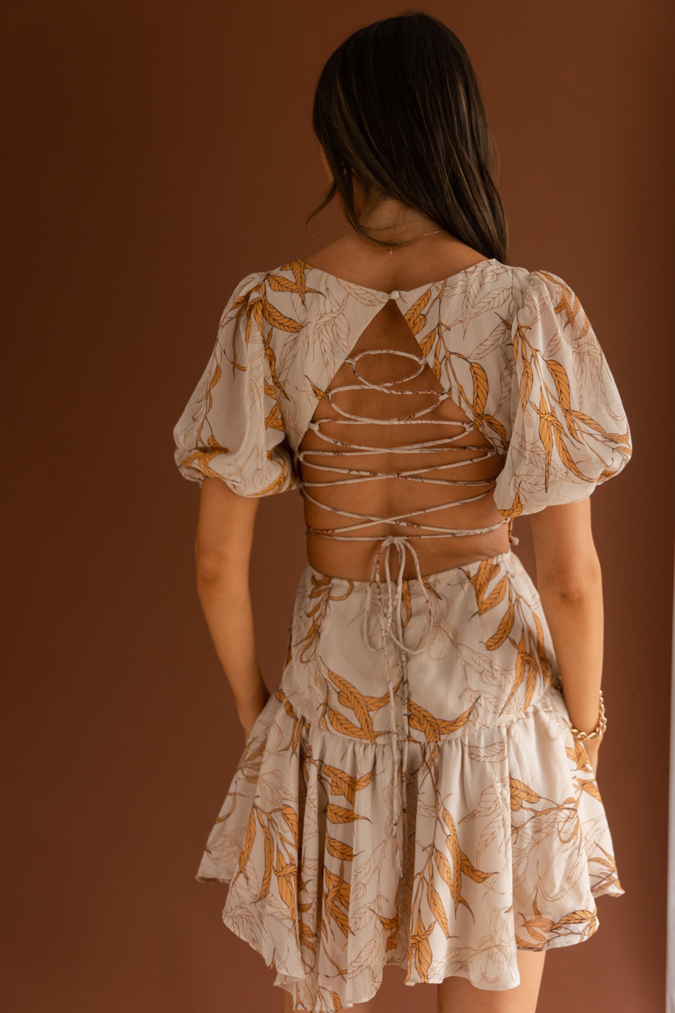 Petite Cherie Puff Sleeve Lace-Up Back Dress Leaf Print Beige by Selfie Leslie