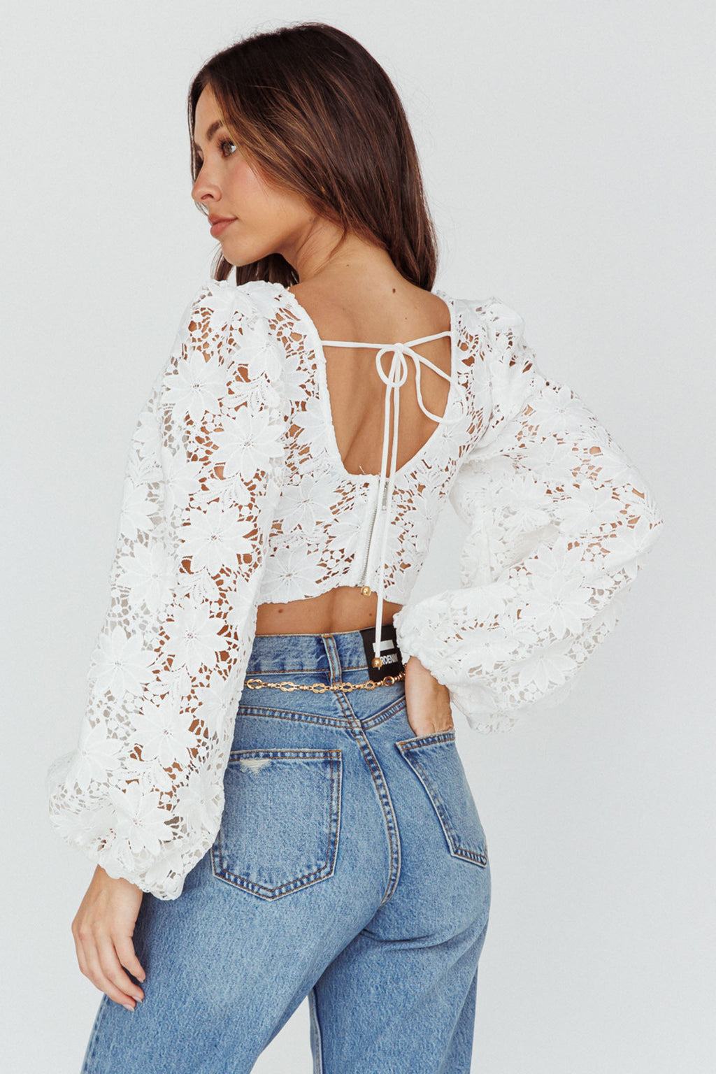 Arriana Balloon Sleeve Lace Crop Top White by Selfie Leslie