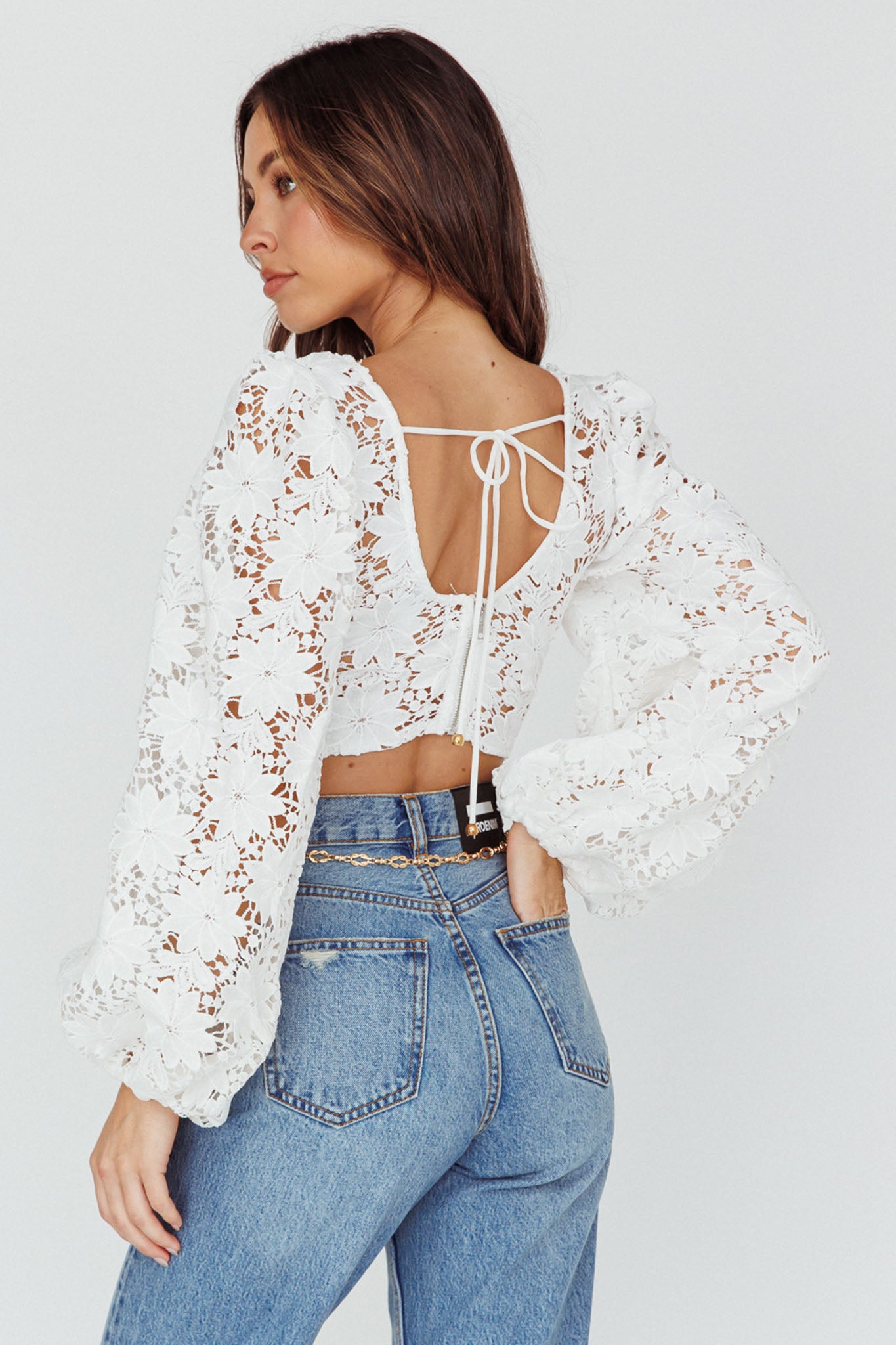 Arriana Balloon Sleeve Lace Crop Top White by Selfie Leslie