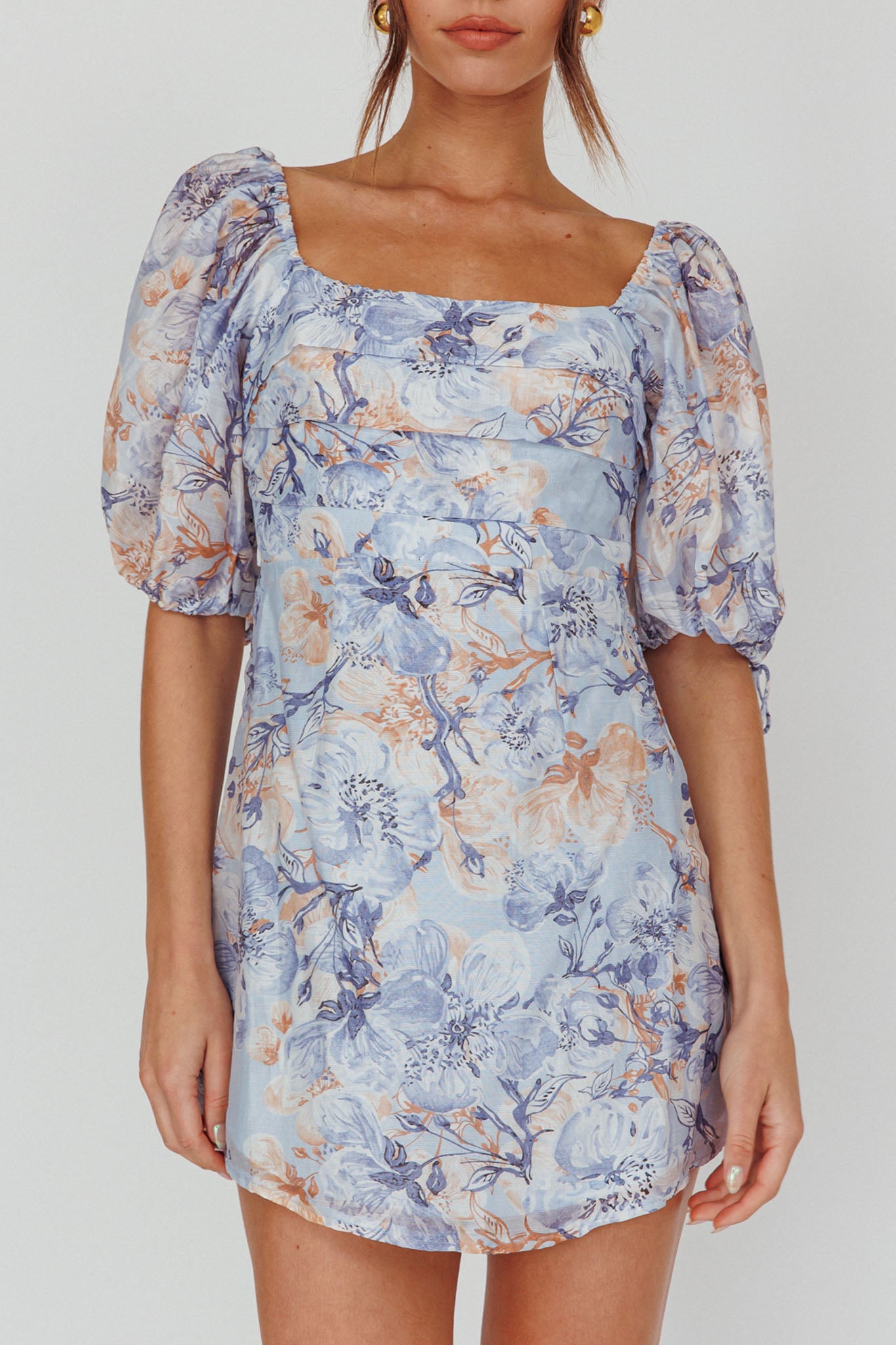 Addicted To Love Pleated Bust Dress Floral Blue/Mocha by Selfie Leslie