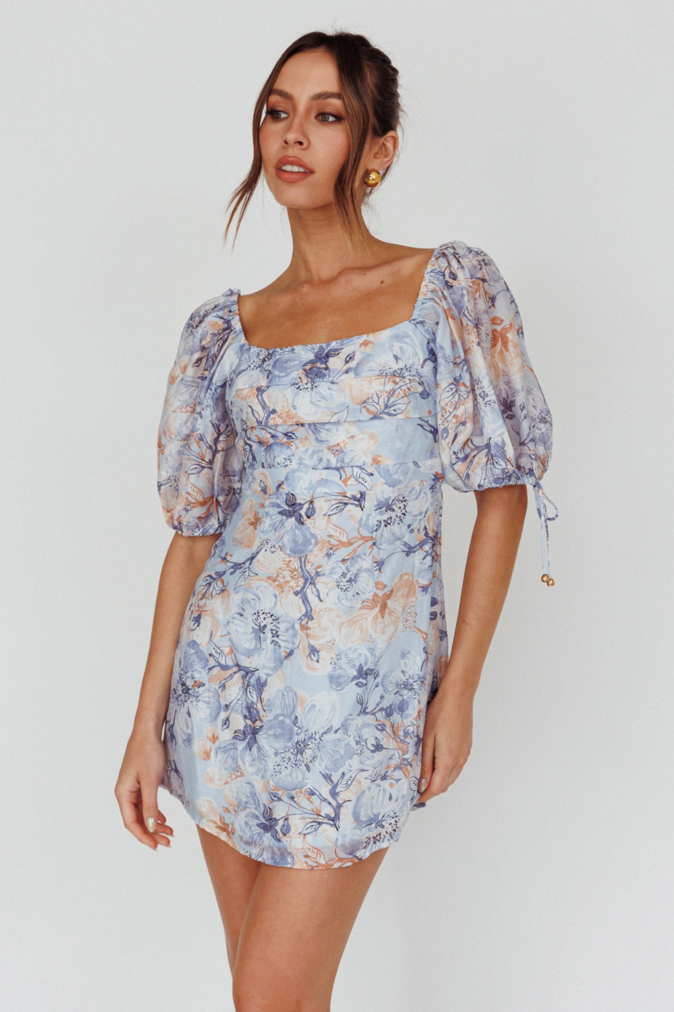 Addicted To Love Pleated Bust Dress Floral Blue/Mocha by Selfie Leslie