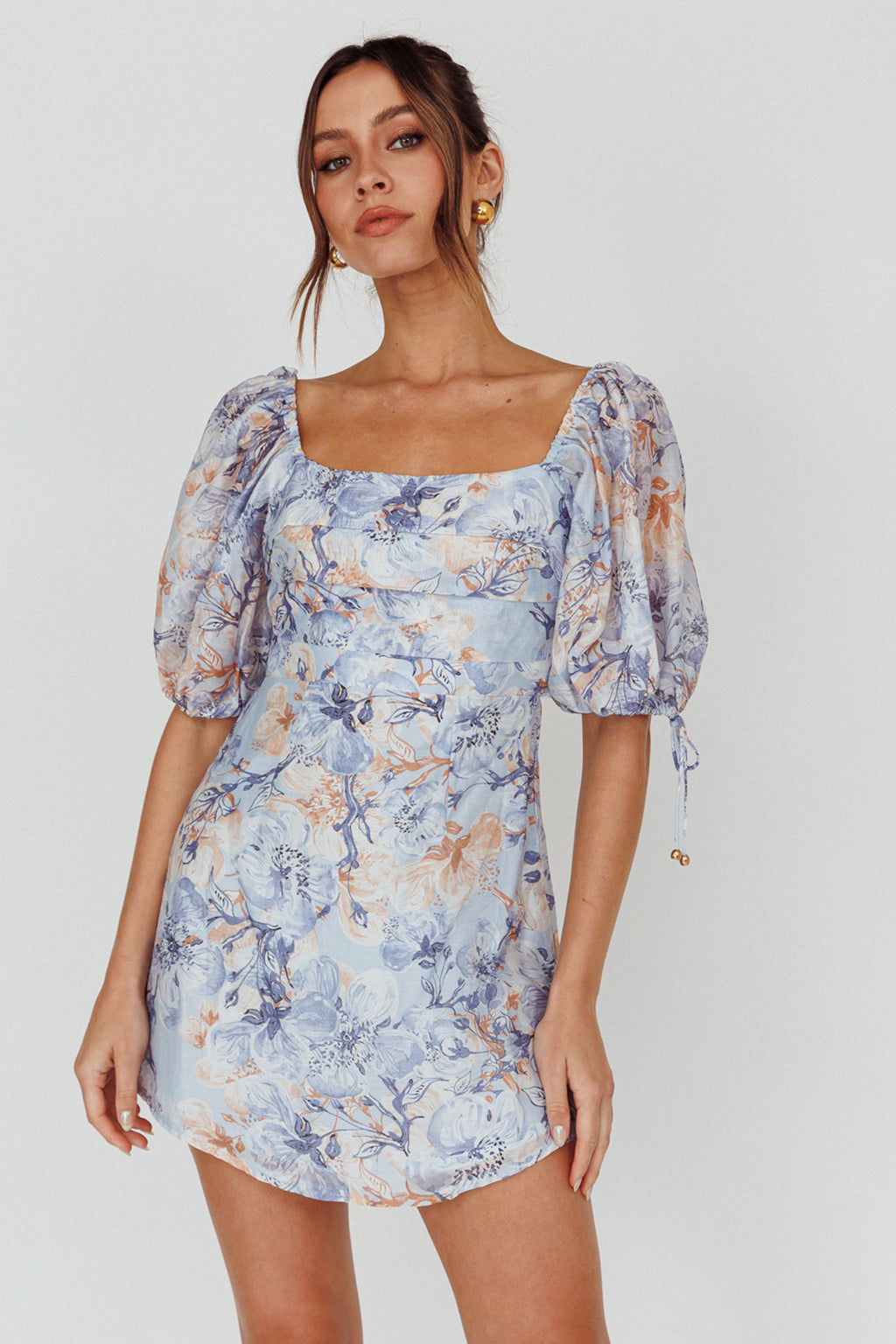 Addicted To Love Pleated Bust Dress Floral Blue/Mocha by Selfie Leslie