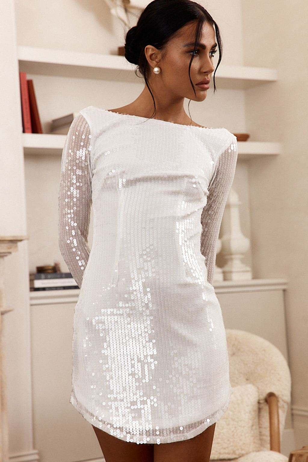 Karma Long Sleeve Keyhole Back Sequin Dress White by Selfie Leslie