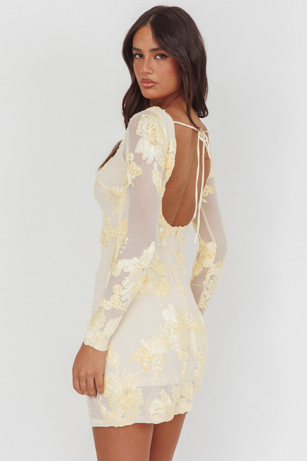 Karma Long Sleeve Scoop Back Dress Embellished Yellow - M Karma Long Sleeve Scoop Back Dress Embellished Yellow - M