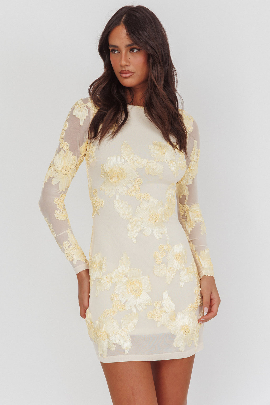 Karma Long Sleeve Scoop Back Dress Embellished Yellow by Selfie Leslie
