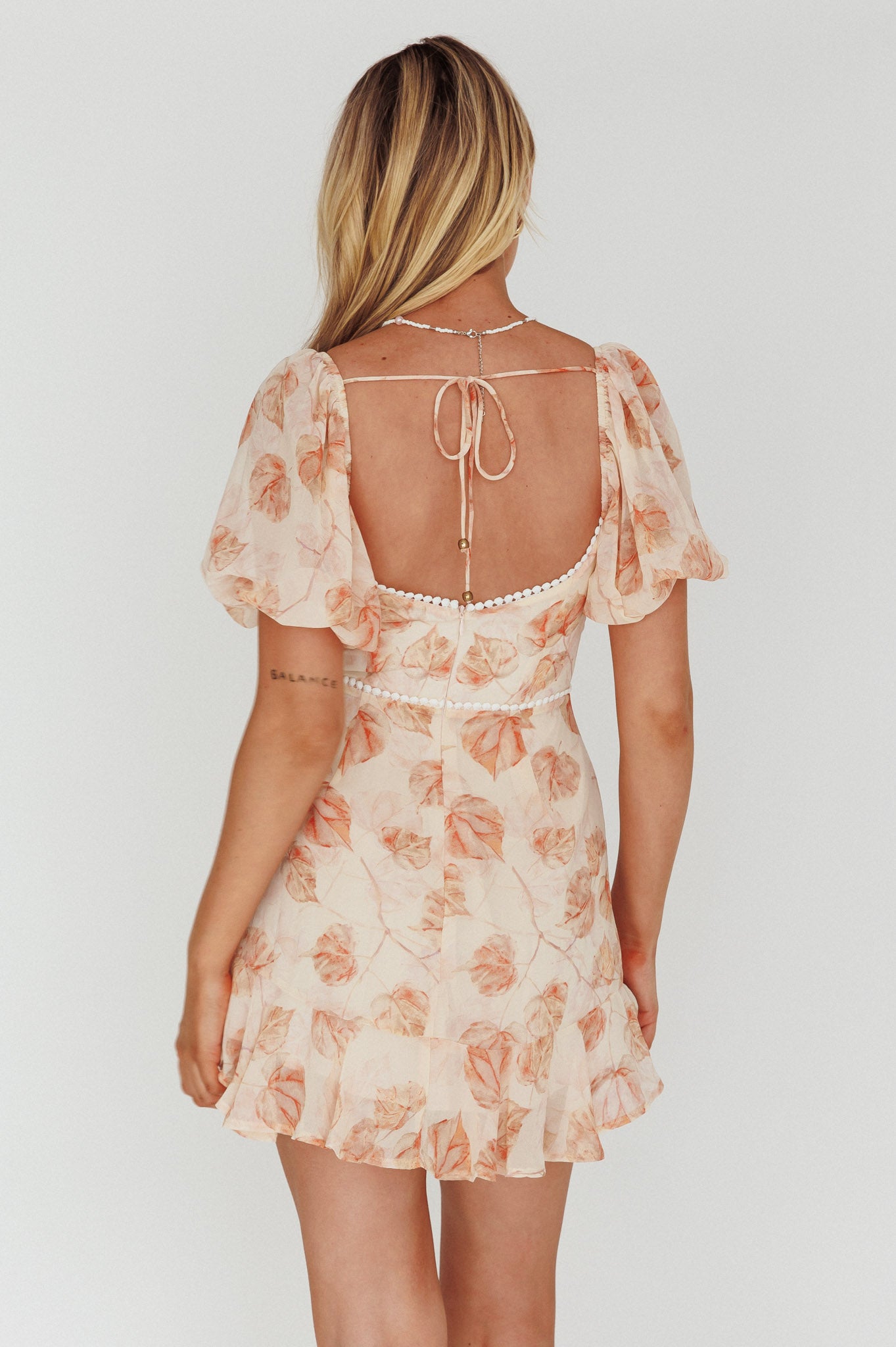 Catch Feelings Sweetheart Puff Sleeve Mini Dress Leaves Beige by Selfie Leslie