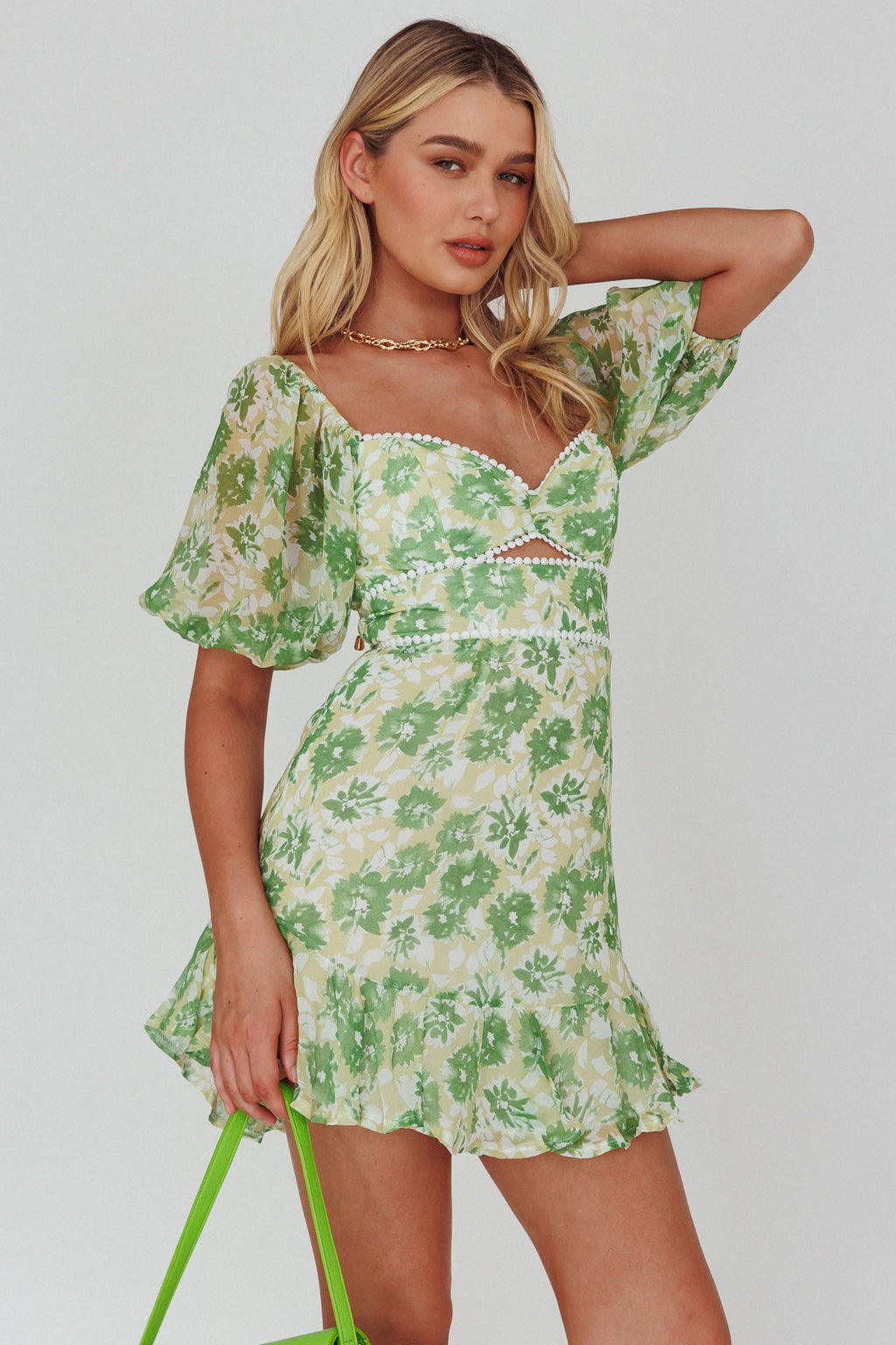 Catch Feelings Sweetheart Neckline Dot Trim Dress Floral Green by Selfie Leslie