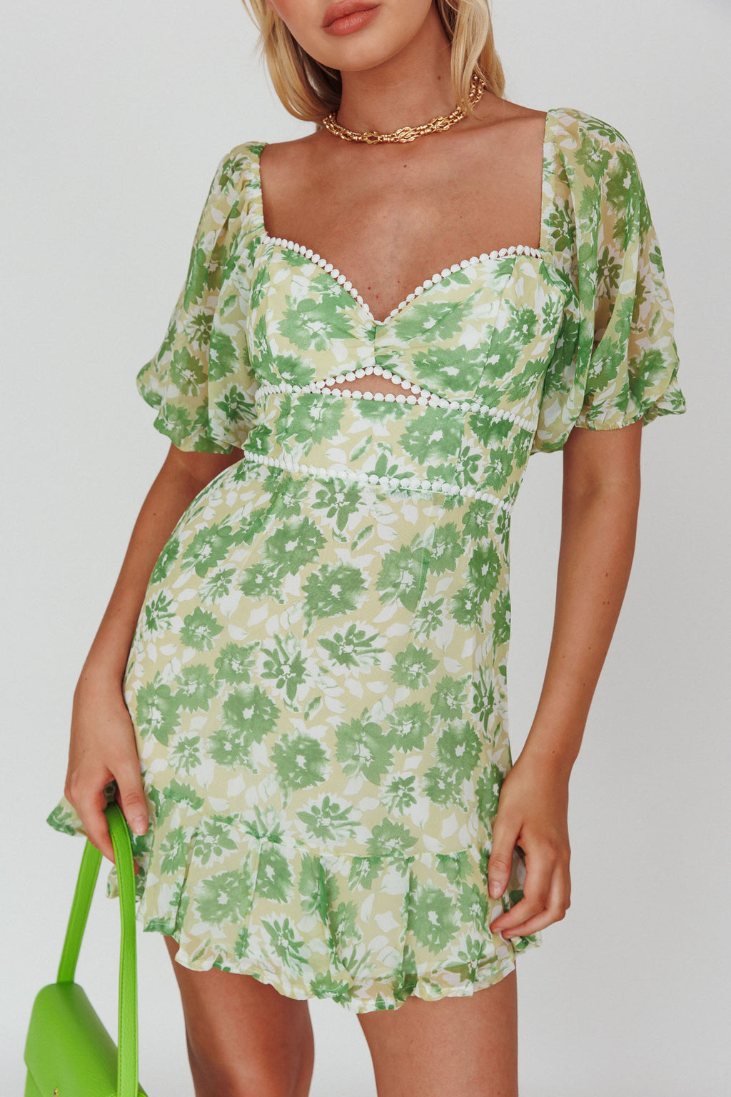Catch Feelings Sweetheart Neckline Dot Trim Dress Floral Green by Selfie Leslie