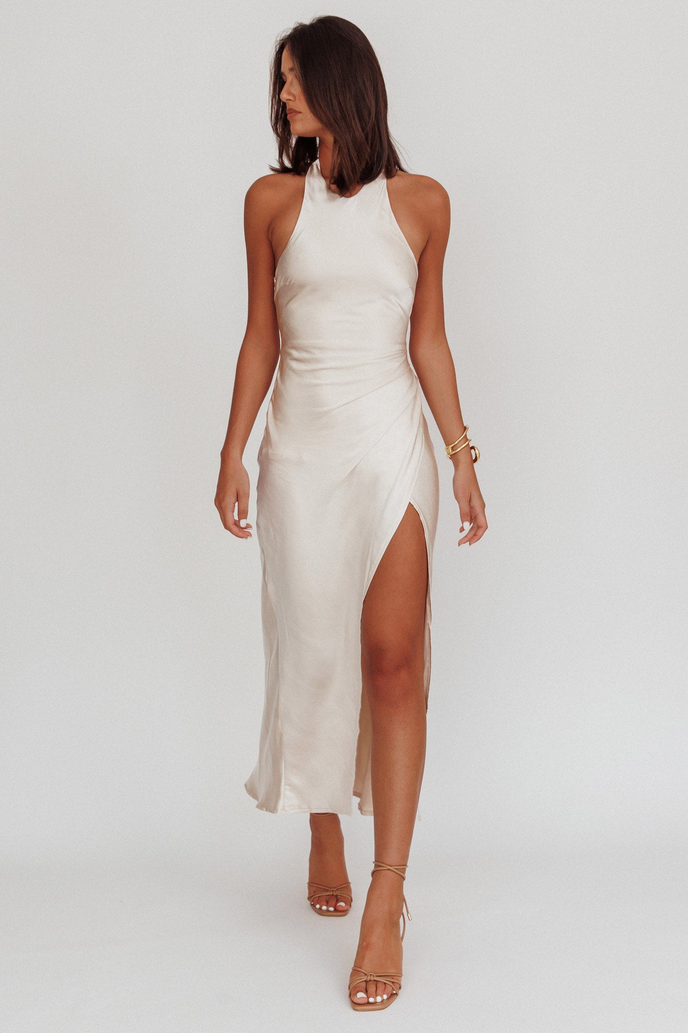 Sonoma Halterneck Twist Back Maxi Dress Champagne | Selfie Leslie Sonoma Halterneck Twist Back Maxi Dress Champagne | Selfie Leslie