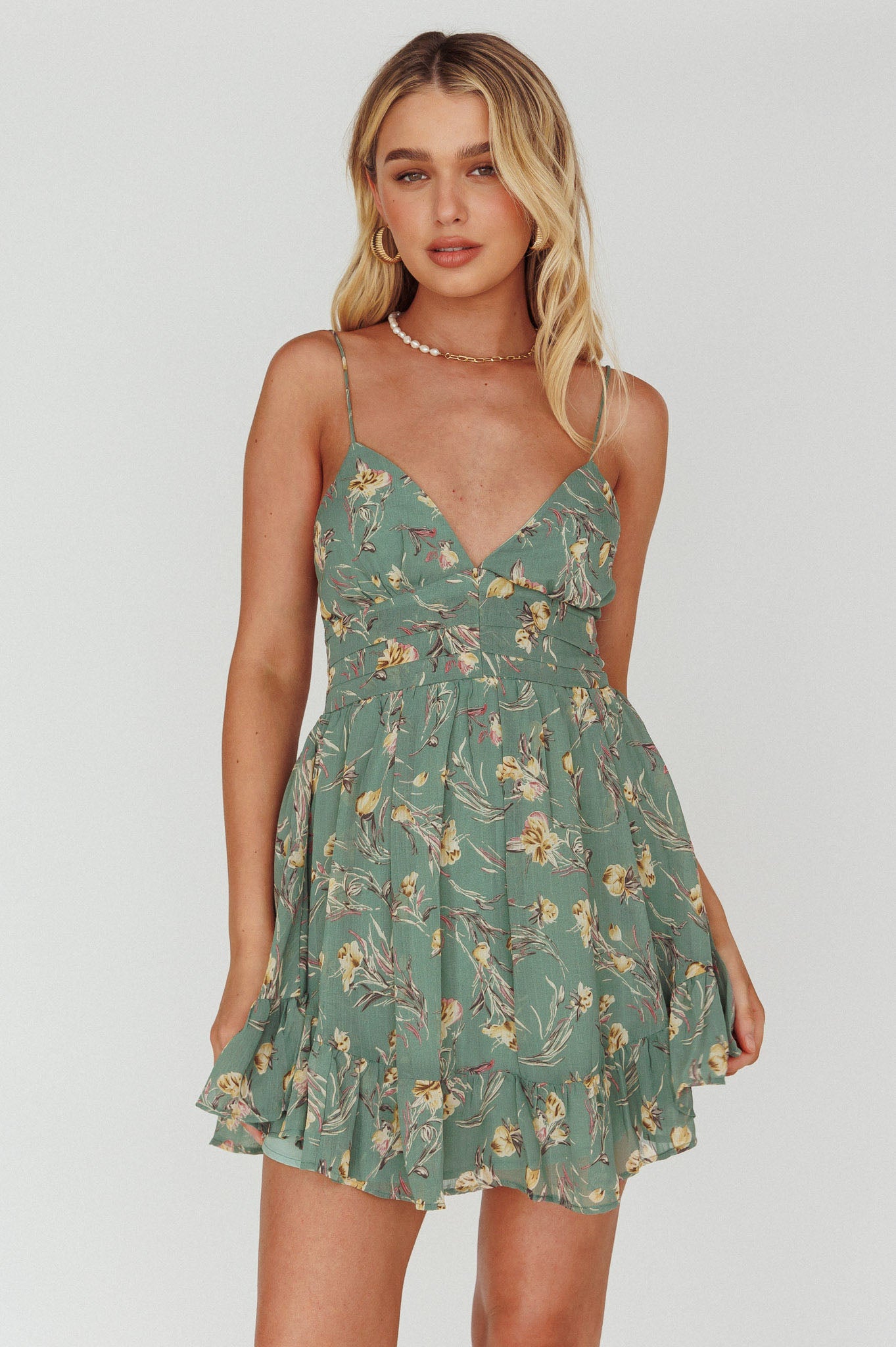 Got Love Frill Hem Mini Dress Floral Sage by Selfie Leslie